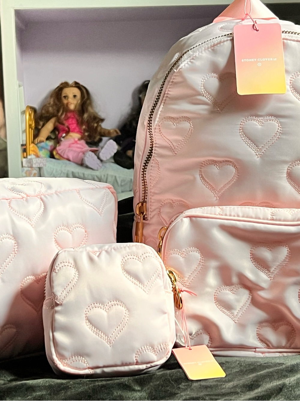 Stoney Clover Lane Soft Pink Quilted Heart Backpack & Pouch Set
